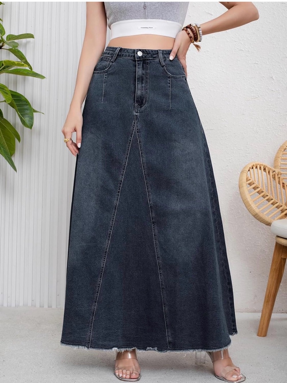 Ebossy Retro Distressed Frayed Hem Maxi Denim Skirt Size XXL